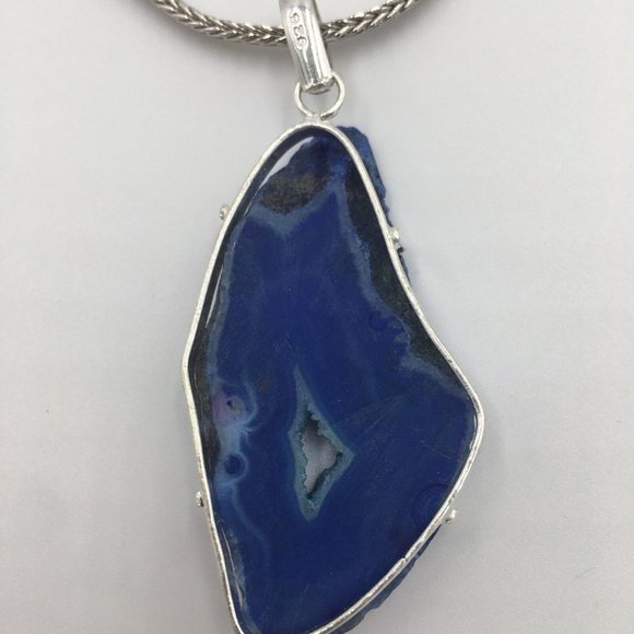 Gorgeous Blue AGATE SLICE Quartz Crystal GEODE Sterling Silver Set PENDANT, NEW - Picture 3 of 7